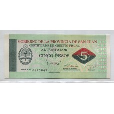 ARGENTINA EC. 425 BONO BILLETE SAN JUAN DE 5 PESOS SIN CIRCULAR UNC